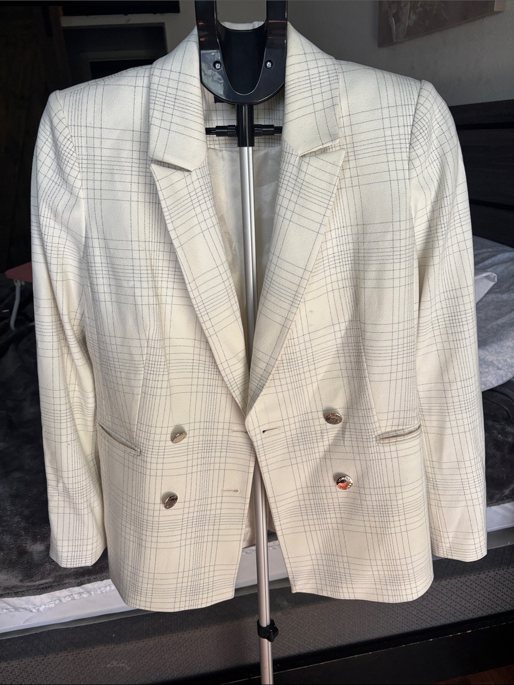 Tommy Hilfiger Cream Plaid Double-Breasted Blazer